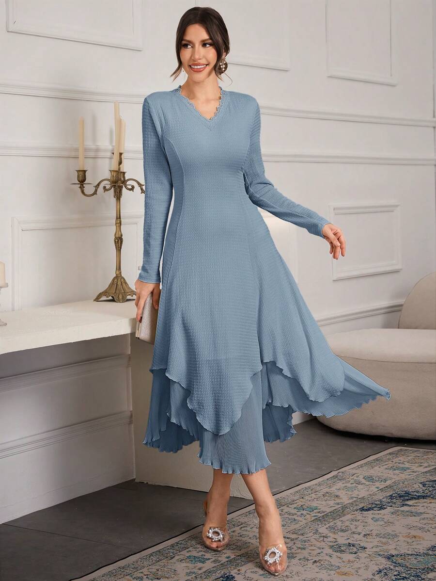 Modelyn Elegancka damska sukienka w jednolitym kolorze z asymetrycznym dołem i średniej długości, jesienna elegancka sukienka z długim rękawem, asymetryczna sukienka, kremowa sukienka swetrowa, beżowa sukienka dla kobiet, długie suknie wieczorowe - Niebieski - Zobacz 1