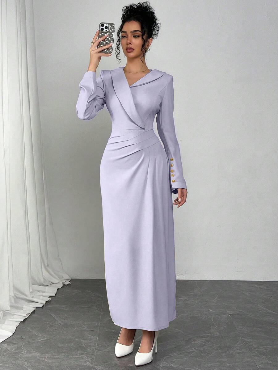 Modelyn 法式优雅不对称设计高腰褶皱开叉中裙 - 淡紫色 - 查看 1