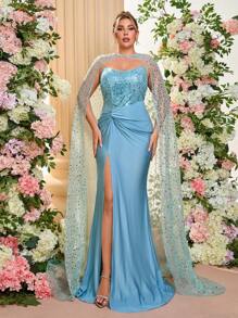 Glamrae Große Größen romantisches & elegantes Quadratausschnitt Kleid mit Perlen, Pailletten, Flickwerk, elastischen Seitenschlitzen, Fischhemmsaum, abnehmbaren Volants, Abendkleid für formelle Anlässe, Hochzeitsgast Kleid, Partykleid - Minzgrün - Übersicht 6