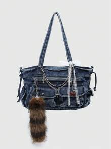 ROMWE Kawaii Bolso de mano de gran capacidad con múltiples bolsillos, en estilo retro desgastado con efecto ombré, decorado con cruz y corazón, y lazo