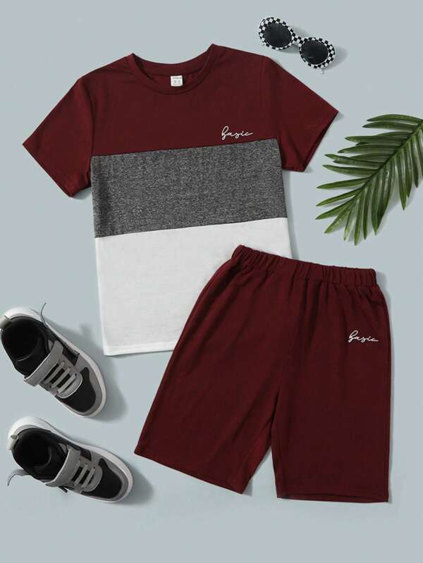 SHEIN Tween Boy Letter Graphic Colorblock Tee And Track Shorts Set
