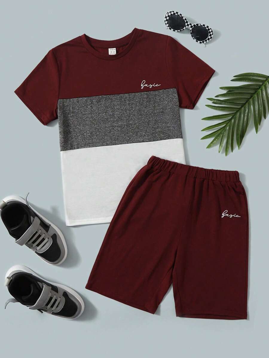 SHEIN Boys Letter Graphic Colourblock Tee and Track Shorts Set - Maroon - View 1