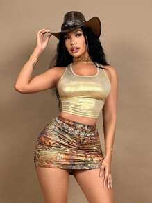 SHEIN SXY Set de 2 bucăți cu vestă bodycon lucioasă și mini fuste cu imprimeu vintage pentru femei, ținute două piese femei, pantaloni scurți pentru femei ținute două piese femei, ținute de vară pentru femei, haine Y2k, ținute occidentale femei, boho, ținute de concert femei, rave, festival, grunge, cottagecore, ținute Nashville, auriu, seturi de vară - Multicolor - Vizualizare 4