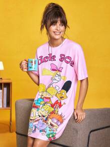 Nick 90s X SHEIN Women's Cartoon Figure Graphic Short Sleeve Nightgown