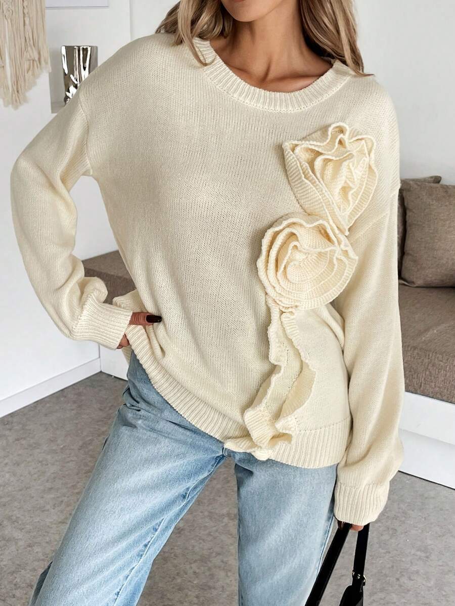 Chiquease Casual 3D Floral Knitted Loose Pullover Sweater Fall Winter