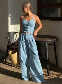 Livesso 女式牛仔吊带背心和阔腿裤两件套 - 淺色水洗藍 - 查看 2