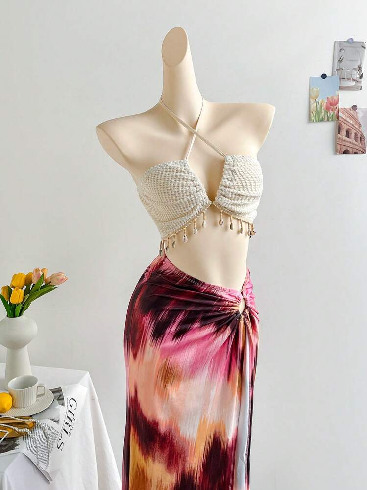 Soleia Top à col ras-du-cou, lien devant et décoration coquillages et franges pour vacances - Nude - Voir 3