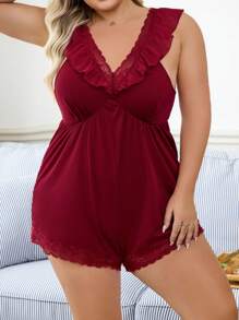 Plus Size Lace Patchwork Ribbed Jumpsuit Pajamas - Red - View 4