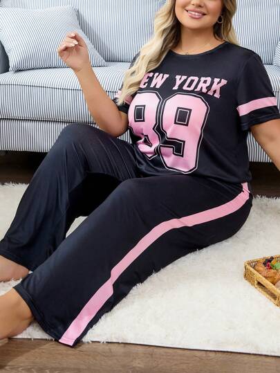 Plus Size Women Number Letter Casual Top & Pants Pajama Set