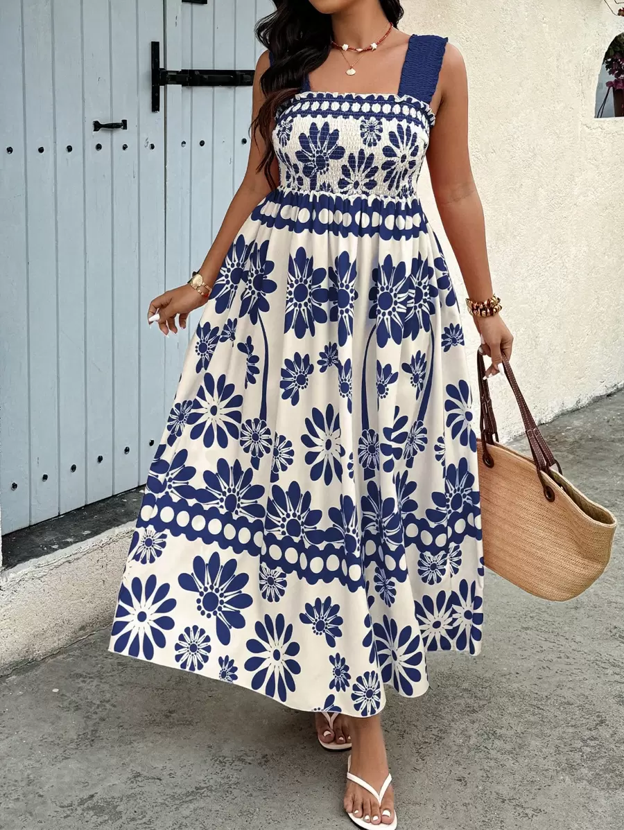 Truni Sometimesglam Flowers Plus Size Printed Casual Dress, Stylish And Suitable For Summer Tropical Colorblock Floral Print Boho Vacation Fashionable Style, For Pear Triangle Body Shape - Blue - View 1