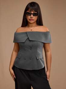 Forever 21 Plus Size Women Fairy Off Shoulder Lapel Blouse, Simple Commuting Office Wear, Spring - Grey - View 3