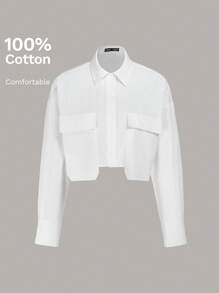 Muchica Women's Solid Color Long Sleeve Single-Breasted Cargo Pocket Casual Cropped Shirt - White - View 4