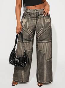 SHEIN SXY Plus Size Women Spring/Summer Denim Effect Distressed Print Elastic Waist Straight Leg Pants, Suitable For Cool Women, Date Night, Birthday, Bachelorette Party, Cute, Casual, Shopping, Ibiza,Nashville,Rave,Modest,Chic,Chill Streetwear, Going Out, Easy To Match & Look Slim, Accent Your Body, Flatter The Figure - Rust Brown - View 1