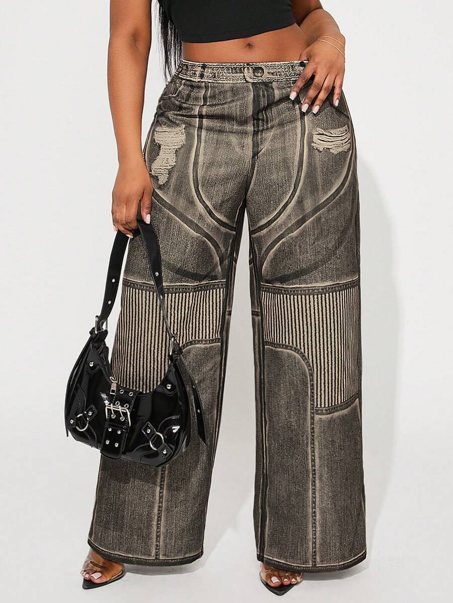 SHEIN SXY Plus Size Women Spring/Summer Denim Effect Distressed Print Elastic Waist Straight Leg Pants, Suitable For Cool Women, Date Night, Birthday, Bachelorette Party, Cute, Casual, Shopping, Ibiza,Nashville,Rave,Modest,Chic,Chill Streetwear, Going Out, Easy To Match & Look Slim, Accent Your Body, Flatter The Figure - Rust Brown - View 1