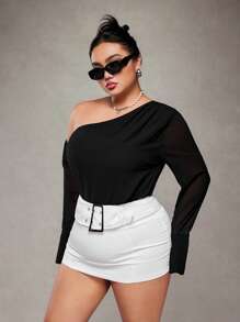 SHEIN ICON Plus Size Asymmetric Shoulder Chiffon Blouse, Sexy Office - Black - View 4