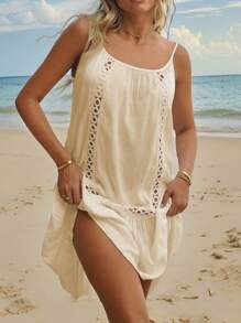 Swim Vcay Women's Patchwork Floral Lace Ruffle Strap Beach Cover Up Dress - Apricot - View 4