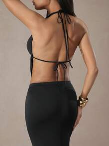 Hauture Draped Halter Neck Backless Top & Maxi Skirt Set,Summer Sets - Black - View 4