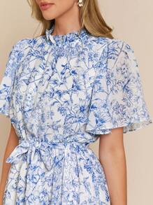 Amorya Women Elegant Floral Allover Print Short Sleeve Dress