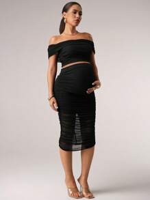 MaterniChic 2pcs/Set Maternity Off Shoulder Crop Top & Ruched Skirt Set Baby Shower Summer Outfits - Black - View 5