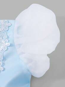 SHEIN Young Girl Princess Style Puff Sleeve Patchwork Fluffy Party Dress - Blue - View 4