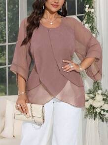 SHEIN Clasi Chemise décontractée femme mode minimaliste à patchwork superposé, convient pour le Nouvel An, la Saint-Valentin, l'Action de grâce, Noël, Pâques, la Fête nationale, les bals, le Nouvel An, les fêtes de Noël, la décoration de Noël, les tenues de détente de Noël, les vacances de printemps - Vieux Rose - Voir 4