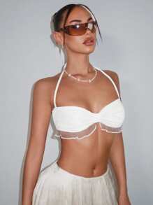 SHEIN ICON Áo yếm cổ yếm bèo nhún nơ thắt nơ - trắng - Xem 2