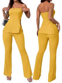 SHEIN SXY Women's Pure Green Bandeau Top And High Slit 2 Pieces Set,Summer Sets - Yellow - View 9
