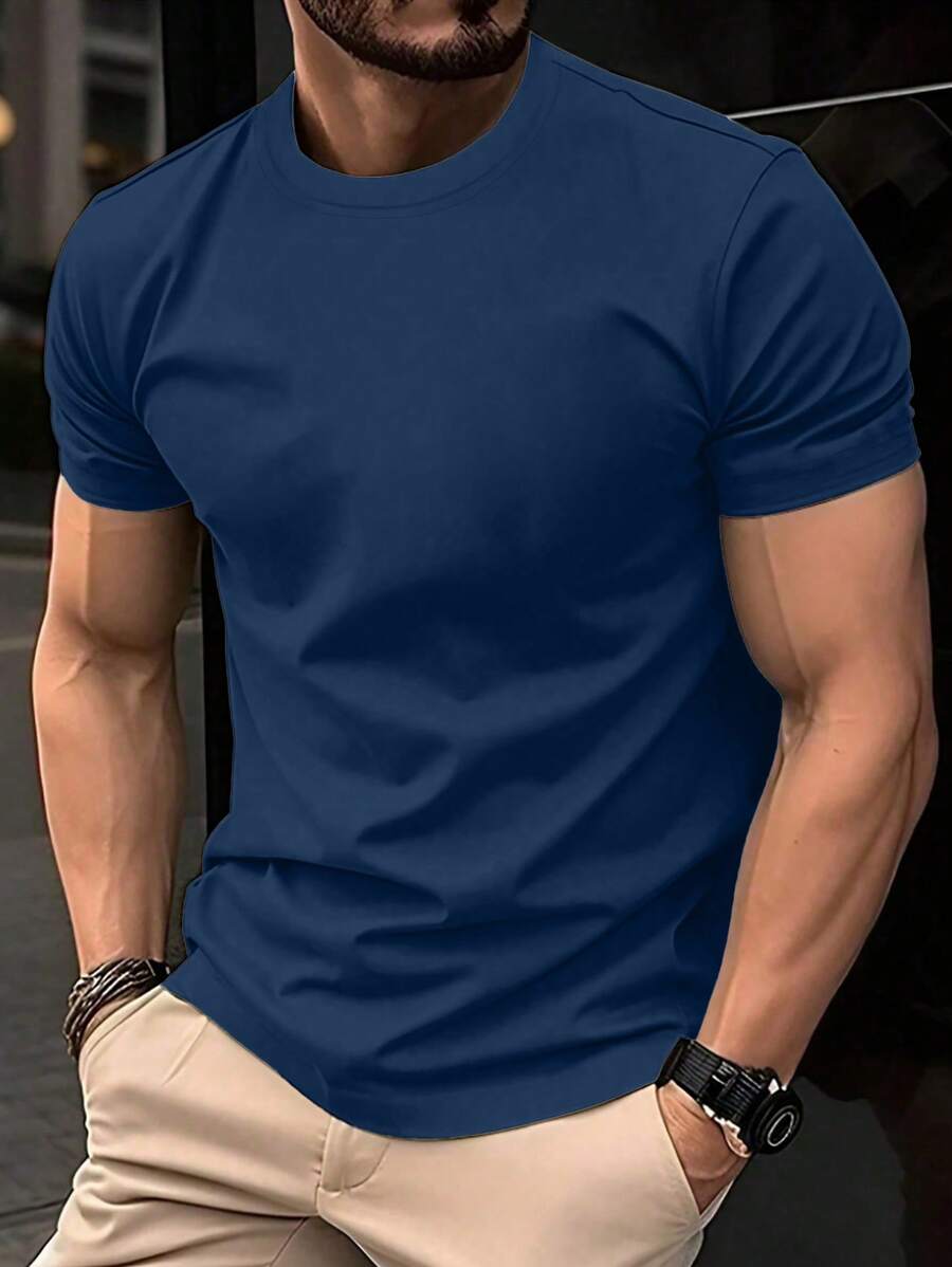 Manfinity Homme 男士休閒純色圓領短袖T恤,極簡時尚,適合夏季 - 藏蓝色 - 查看 1