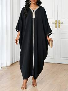 SHEIN Lady Women's Elegant Black Burqa Dress With Gold Webbing Detail - Black - View 5