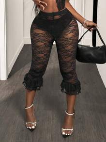BamGleam Quần legging ren xuyên thấu màu trơn cho nữ - màu đen - Xem 4