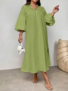 SHEIN Privé Plus Size Women's Elegant Vacation Beach Romantic Date Wedding Party Stand Collar Lantern Sleeve Mid-Length Loose Dress, Suitable For Summer - Green - View 4