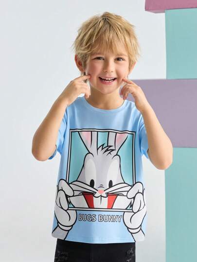 LOONEY TUNES X SHEIN Young Boy Blue Cute Cartoon Rabbit Print T-Shirt, Casual Sports Style, Suitable For Spring/Summer Seasons