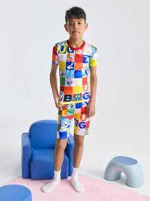 LOONEY TUNES X SHEIN Conjunto de pijama de verano para niño preadolescente con camiseta de cuello redondo elástico con estampado de conejo de color contrastante y pantalones cortos ajustados - Multicolor - Ver 6