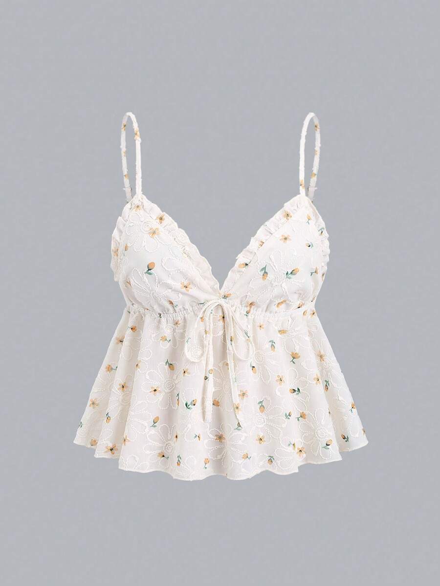 Sweetra 女式新款夏季深 V 领小黄花白色刺绣面料度假风荷叶边腰部蝴蝶结装饰 A 字形吊带背心上衣