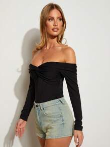 COSMINA Women's Solid Color Twist Knot Off Shoulder Long Sleeve Bodysuit - Black - View 5