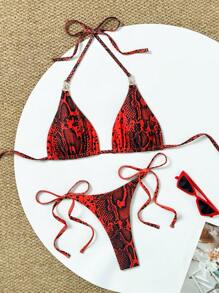 SHEIN Swim 2pcs Snake Skin Print Halter Backless Bikini Set, Sexy & Fashionable Swimwear For Summer Beach Vacation