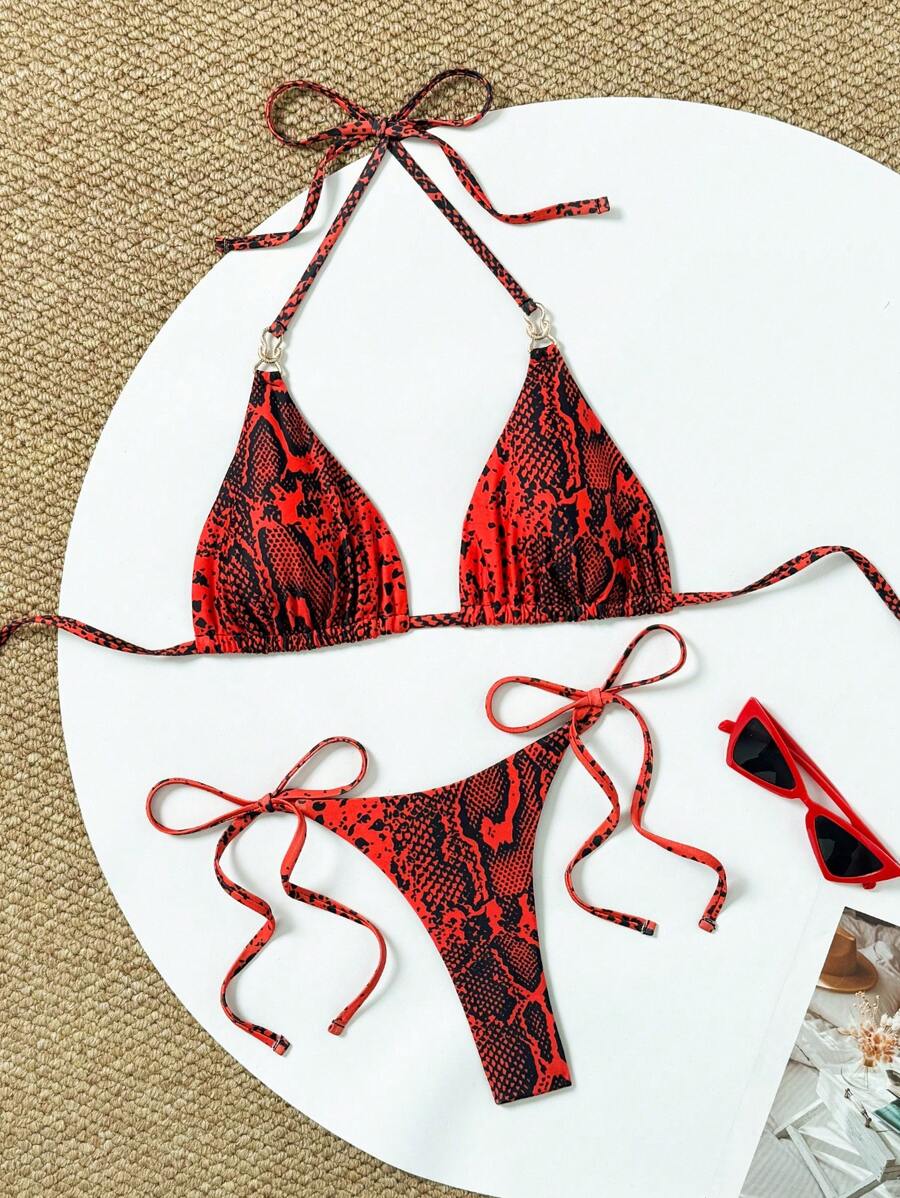 SHEIN Swim 2pcs Snake Skin Print Halter Backless Bikini Set, Sexy & Fashionable Swimwear For Summer Beach Vacation