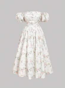 SHEIN MOD 大码女式露肩碎花白色中长连衣裙，春季 - 彩色 - 查看 5