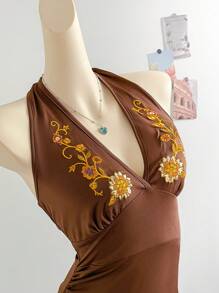 Soleia Đầm ôm sát cơ thể kiểu phương Tây thêu nơ thắt nơ lễ hội âm nhạc - Cà phê - Xem 5