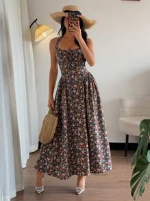 Breezaya Vestido largo con estampado floral, silueta en línea A, cuello en V, cintura ceñida, bajo acampanado, cremallera oculta en la espalda, para primavera/verano