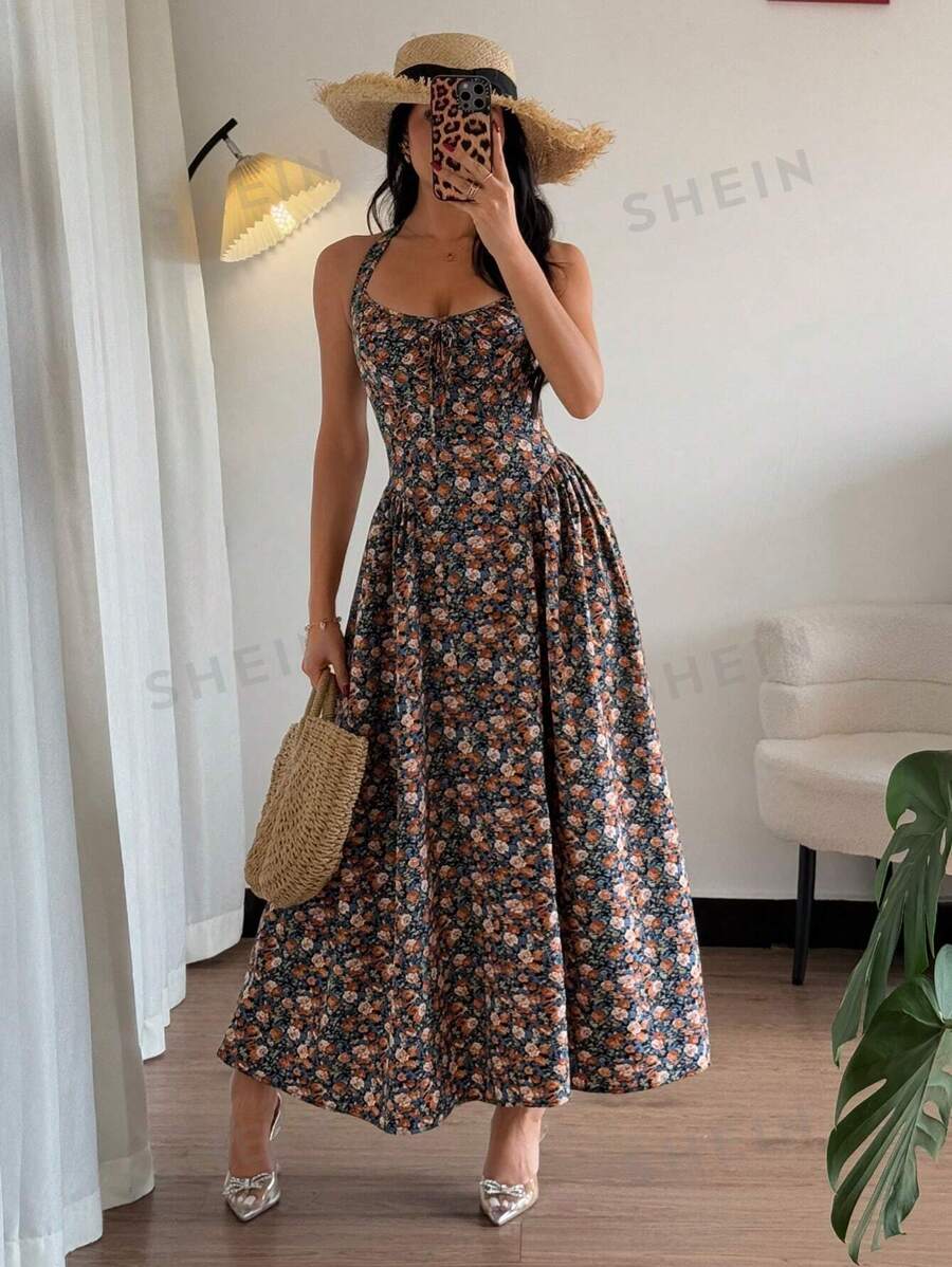 Breezaya Vestido largo con estampado floral, silueta en línea A, cuello en V, cintura ceñida, bajo acampanado, cremallera oculta en la espalda, para primavera/verano