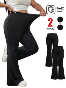 Solflare 2 Packs Plus Size Flared Pants For Women, Stretchy Black Bell Bottoms With Lettuce Hem - Black - View 1