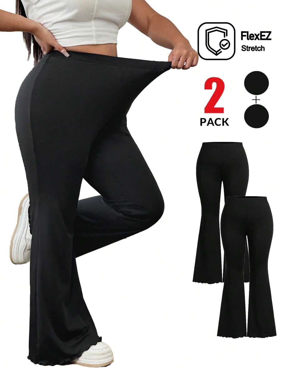 Solflare 2 Packs Plus Size Flared Pants For Women, Stretchy Black Bell Bottoms With Lettuce Hem - Black - View 1