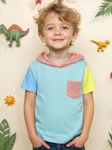 SHEIN Camiseta Joven Con Capucha Y Bolsillo Parchado A Bloques De Color