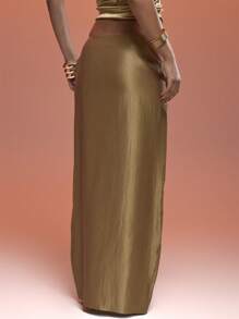 MUSERA 露腰金色链条装饰缎面长裙，性感伊比沙岛风情，适合夏季度假海滩优雅晚宴派对 - 金色 - 查看 4