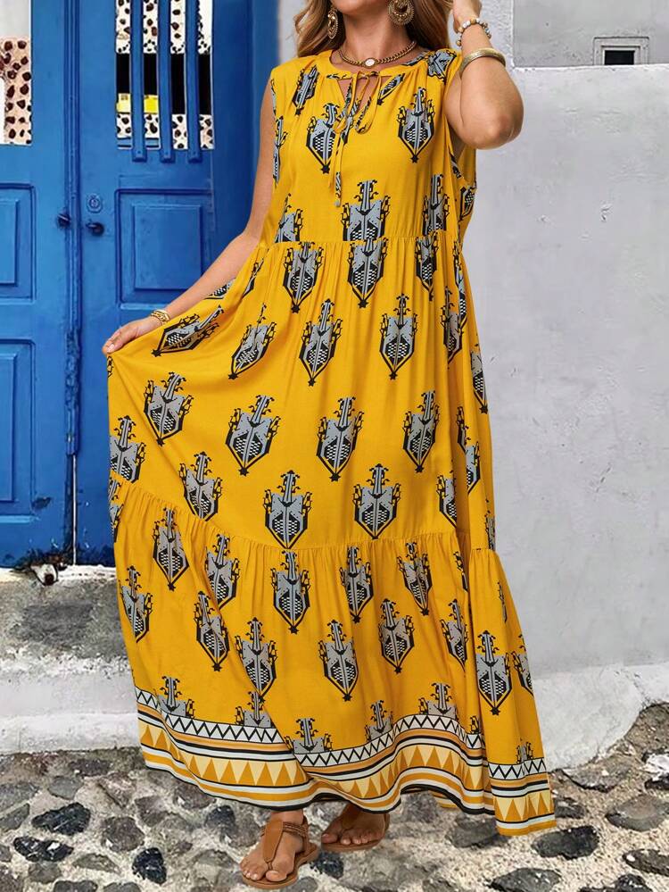 Women Plus Size Vacation Boho Country Allover Print Tie Neck Flutter Hem Sleeveless Casual Dress Spring Outfits For Women Summer Outfits For Women
