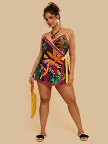 Travachic Plus Size Tropical Side Tie Parrot Printed Jumpsuit Shorts, Women Casual Holiday Beach Romper