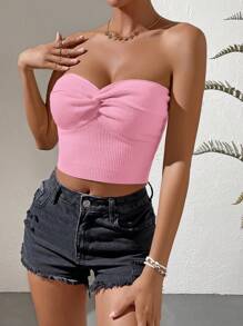 SHEIN VCAY Women's Baby Pink Strapless Knit Crop Top: Casual Sleeveless Summer Twist Front Knit Top - Baby Pink - View 4