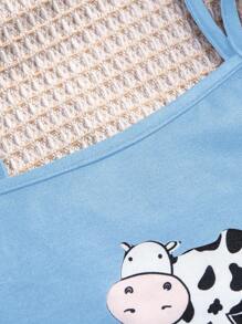 SHEIN 女童可爱奶牛印花休闲时尚睡衣 - 藍色 - 查看 3