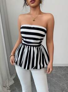 Breezaya Strapless Ruched Contrast Stripe Bandeau Peplum Tulle Top - Black and White - View 3